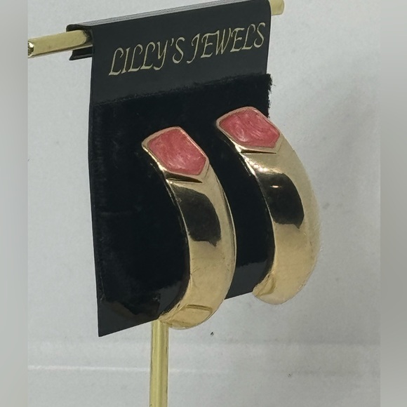 Vintage Gold & Pink Enamel Drop Earrings by Lilly’s - Classic & Elegant Design - Picture 3 of 8